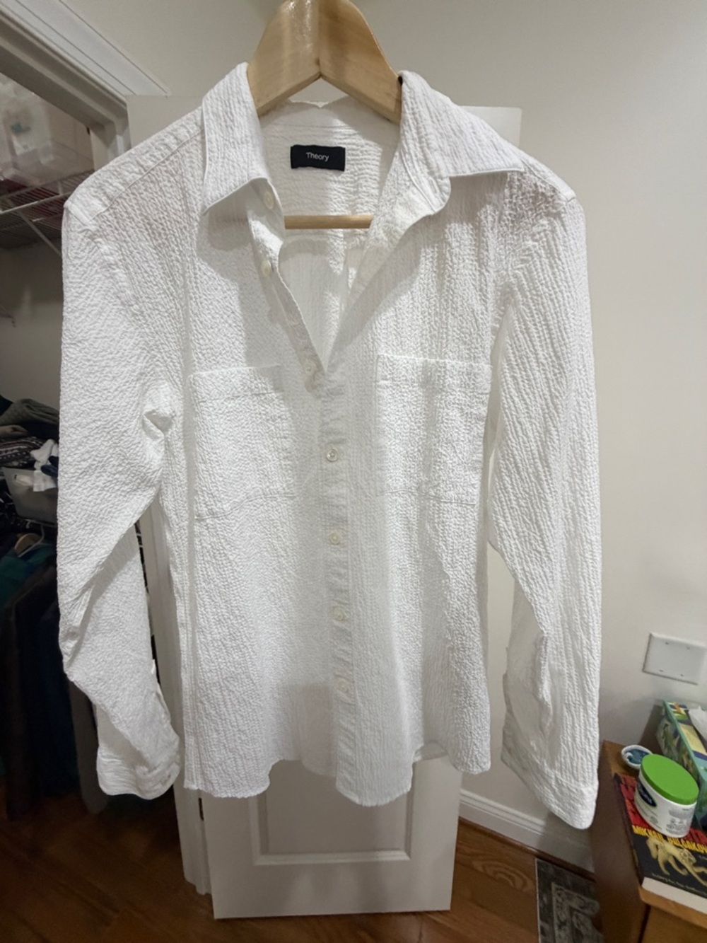 Theory White Textured Button-Up Shirt